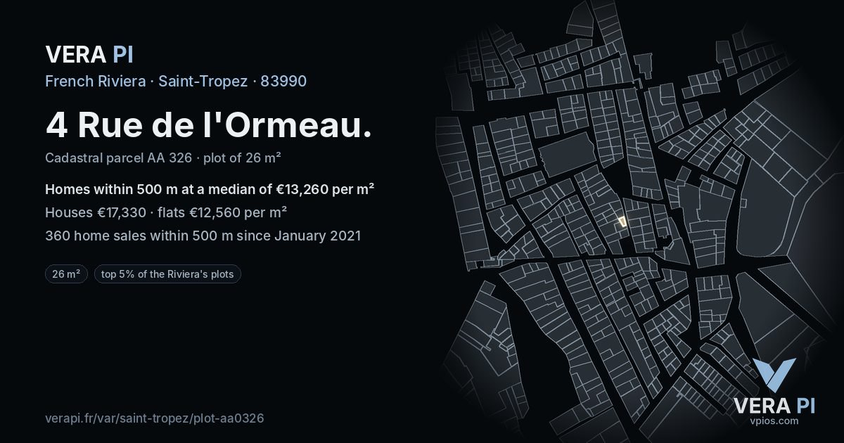4 Rue de l'Ormeau, Saint-Tropez at night – the plot lit, the parcels around coloured by the prices near them