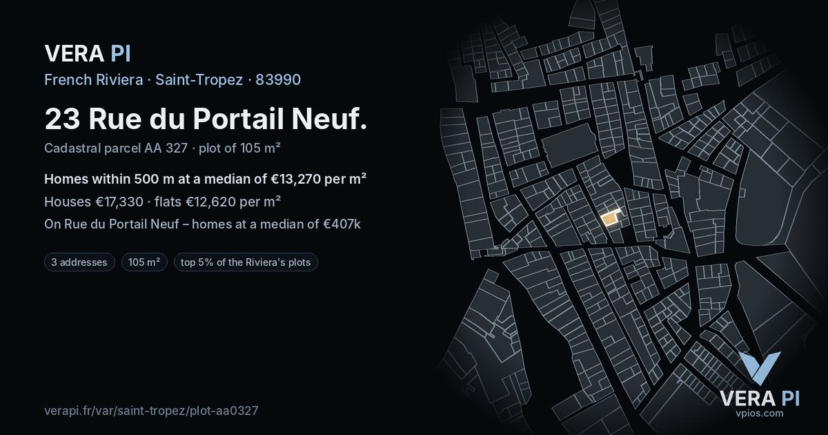 23 Rue du Portail Neuf, Saint-Tropez at night – the plot lit, the parcels around coloured by the prices near them
