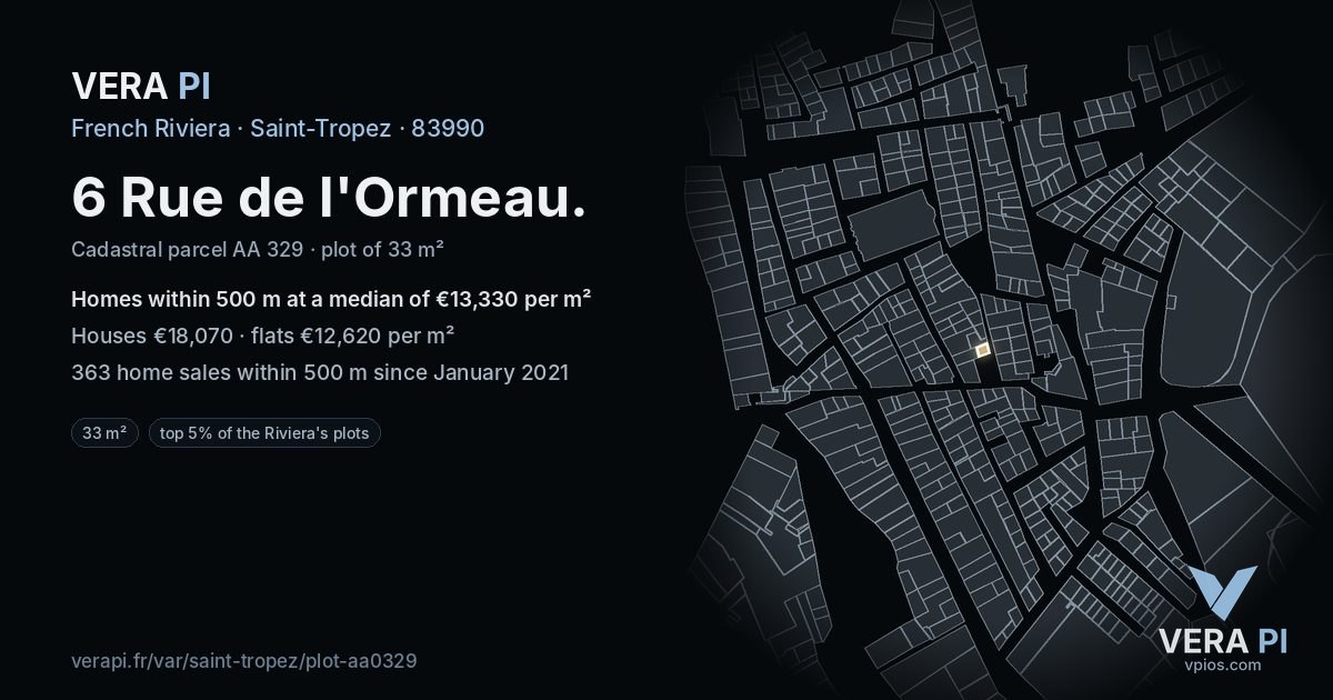 6 Rue de l'Ormeau, Saint-Tropez at night – the plot lit, the parcels around coloured by the prices near them