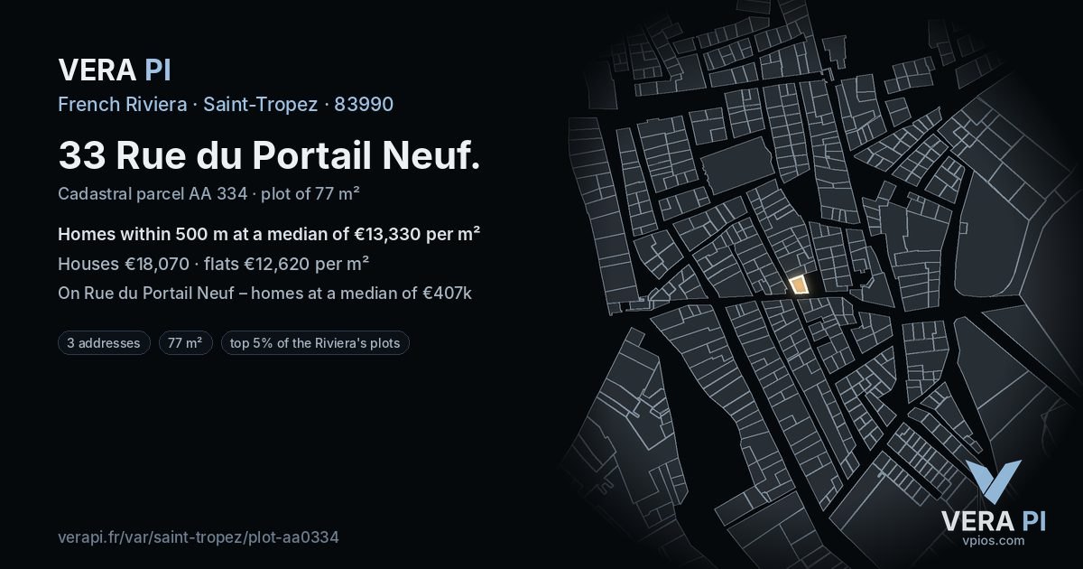 33 Rue du Portail Neuf, Saint-Tropez at night – the plot lit, the parcels around coloured by the prices near them