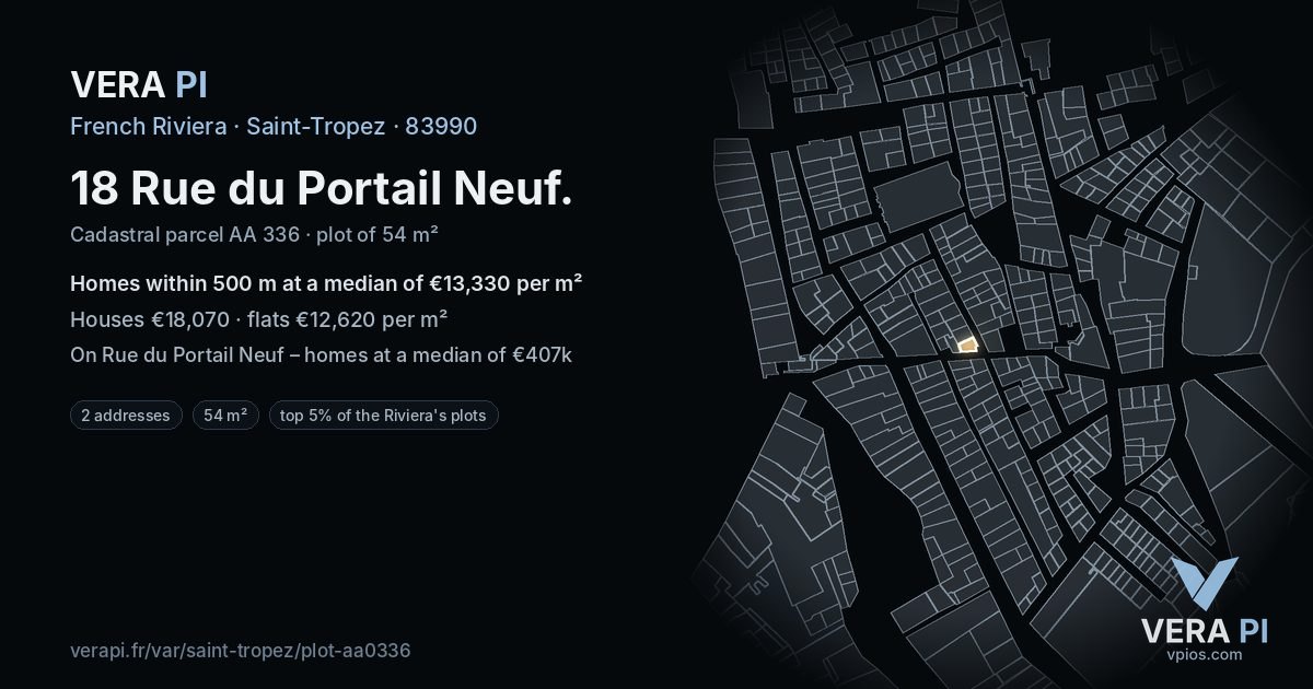 18 Rue du Portail Neuf, Saint-Tropez at night – the plot lit, the parcels around coloured by the prices near them