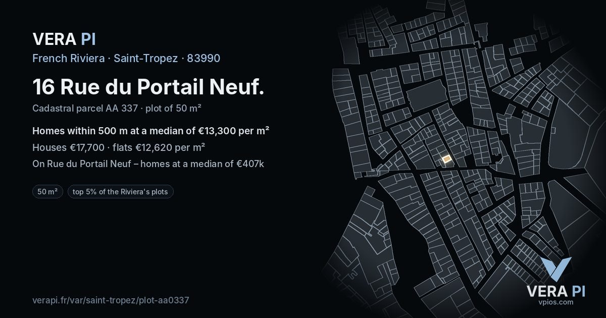 16 Rue du Portail Neuf, Saint-Tropez at night – the plot lit, the parcels around coloured by the prices near them