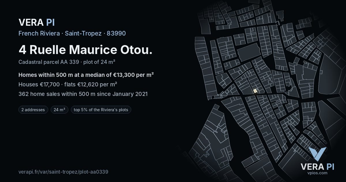 4 Ruelle Maurice Otou, Saint-Tropez at night – the plot lit, the parcels around coloured by the prices near them