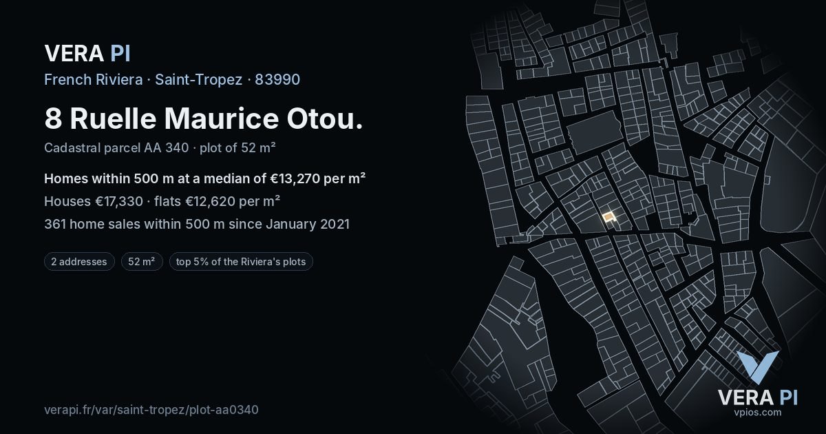 8 Ruelle Maurice Otou, Saint-Tropez at night – the plot lit, the parcels around coloured by the prices near them