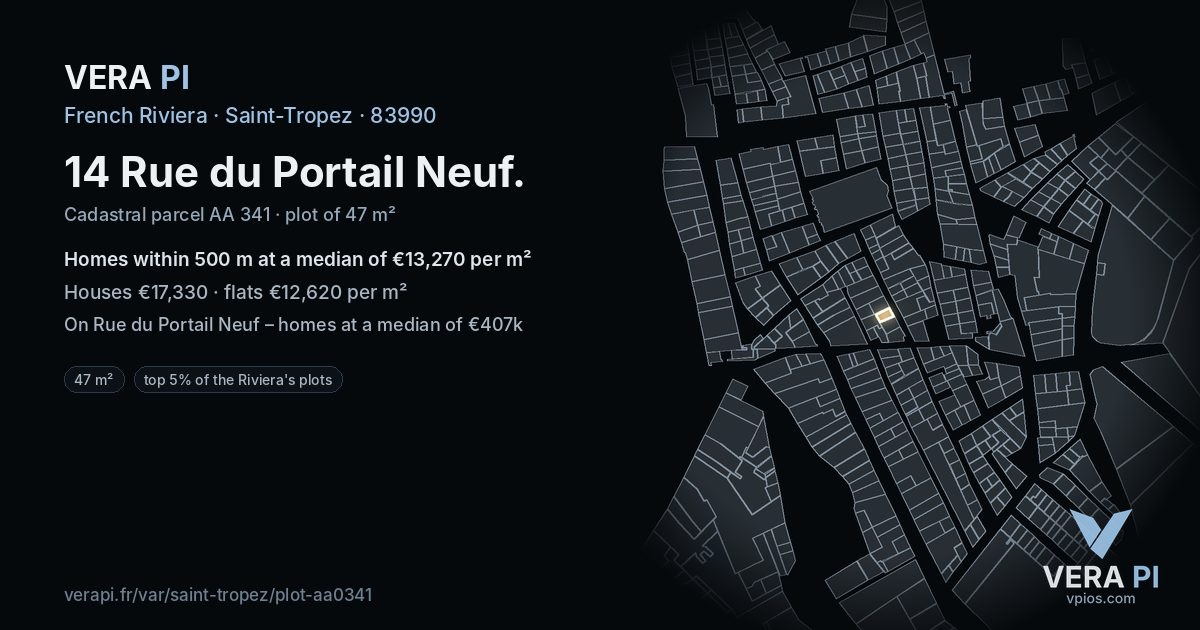 14 Rue du Portail Neuf, Saint-Tropez at night – the plot lit, the parcels around coloured by the prices near them