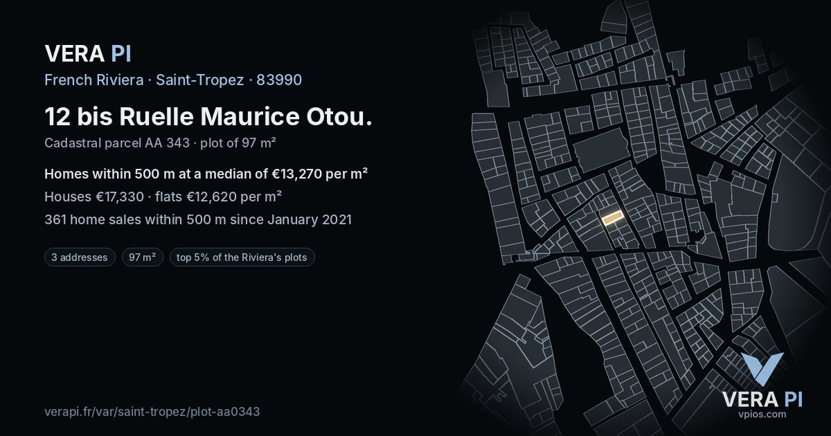 12 bis Ruelle Maurice Otou, Saint-Tropez at night – the plot lit, the parcels around coloured by the prices near them