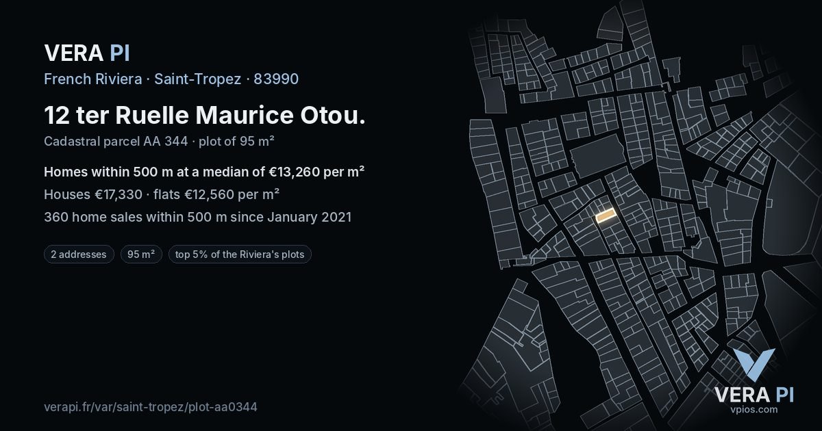 12 ter Ruelle Maurice Otou, Saint-Tropez at night – the plot lit, the parcels around coloured by the prices near them