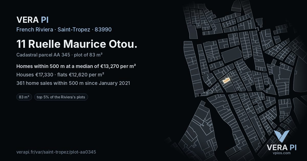 11 Ruelle Maurice Otou, Saint-Tropez at night – the plot lit, the parcels around coloured by the prices near them