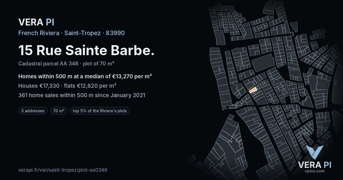 15 Rue Sainte Barbe, Saint-Tropez at night – the plot lit, the parcels around coloured by the prices near them