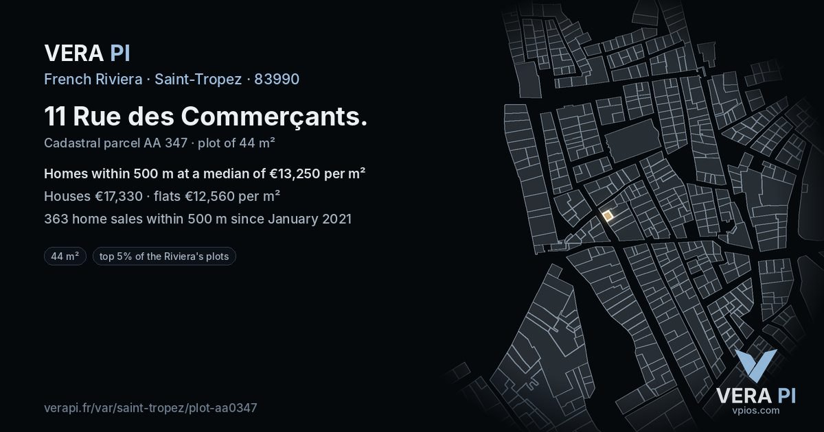 11 Rue des Commerçants, Saint-Tropez at night – the plot lit, the parcels around coloured by the prices near them