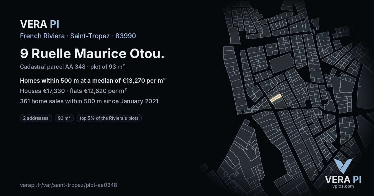 9 Ruelle Maurice Otou, Saint-Tropez at night – the plot lit, the parcels around coloured by the prices near them