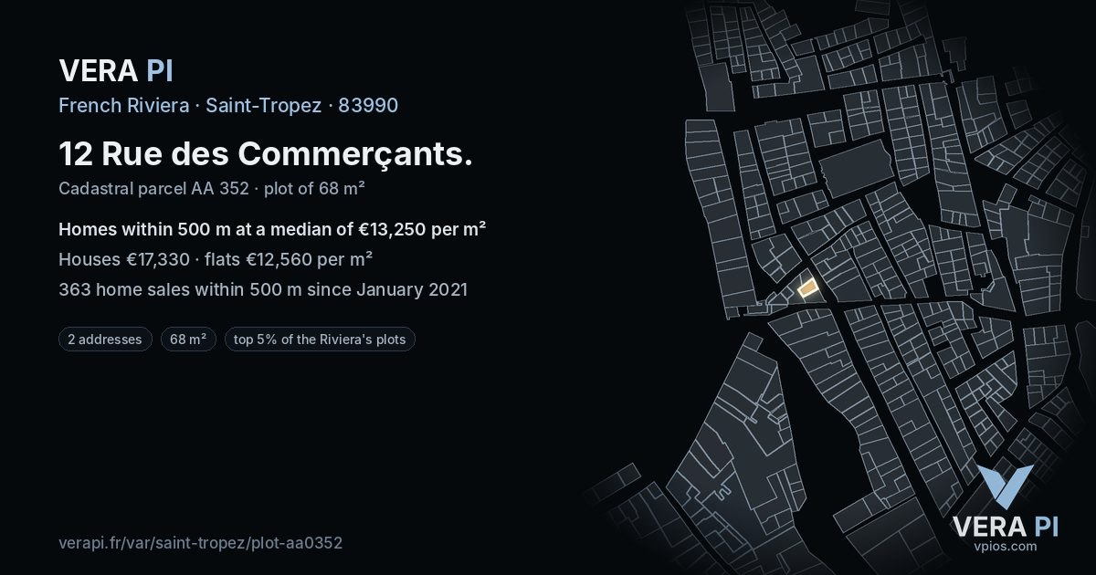 12 Rue des Commerçants, Saint-Tropez at night – the plot lit, the parcels around coloured by the prices near them