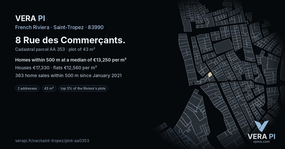 8 Rue des Commerçants, Saint-Tropez at night – the plot lit, the parcels around coloured by the prices near them