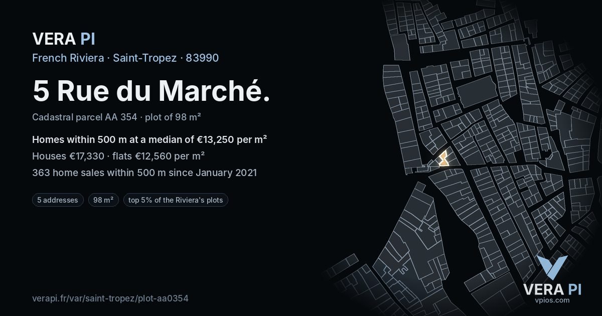 5 Rue du Marché, Saint-Tropez at night – the plot lit, the parcels around coloured by the prices near them