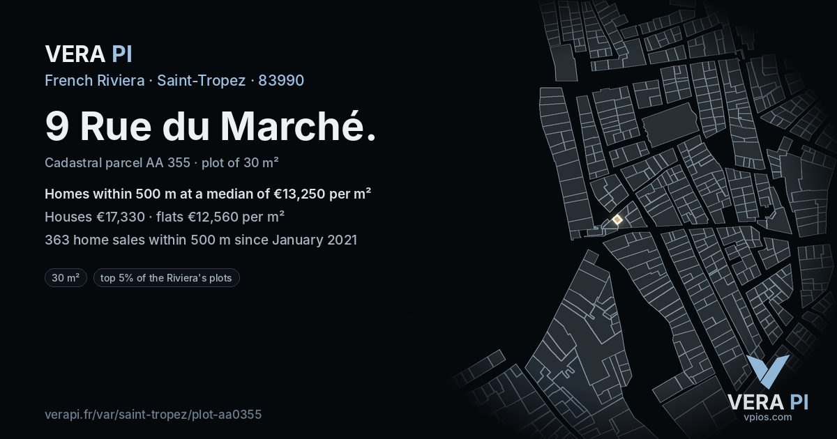 9 Rue du Marché, Saint-Tropez at night – the plot lit, the parcels around coloured by the prices near them