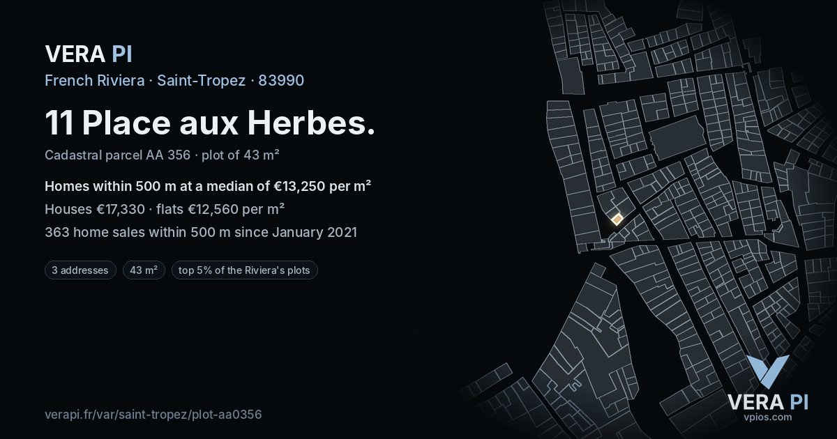 11 Place aux Herbes, Saint-Tropez at night – the plot lit, the parcels around coloured by the prices near them