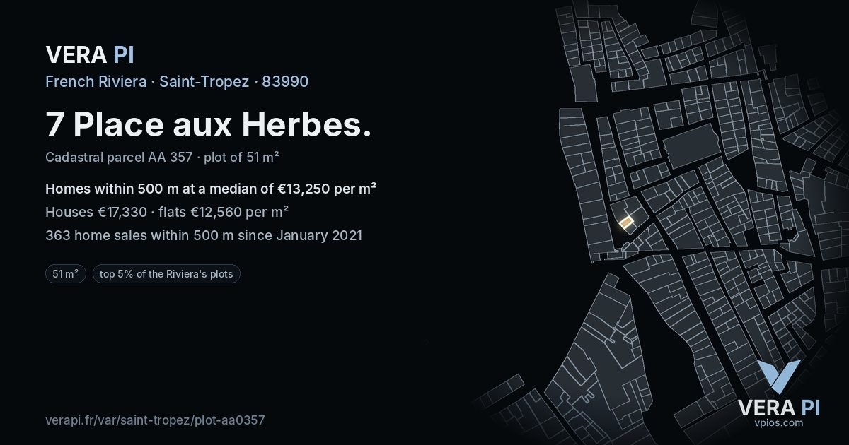 7 Place aux Herbes, Saint-Tropez at night – the plot lit, the parcels around coloured by the prices near them