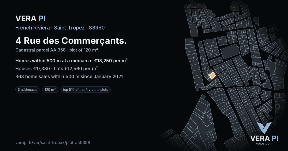 4 Rue des Commerçants, Saint-Tropez at night – the plot lit, the parcels around coloured by the prices near them