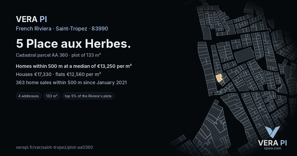 5 Place aux Herbes, Saint-Tropez at night – the plot lit, the parcels around coloured by the prices near them