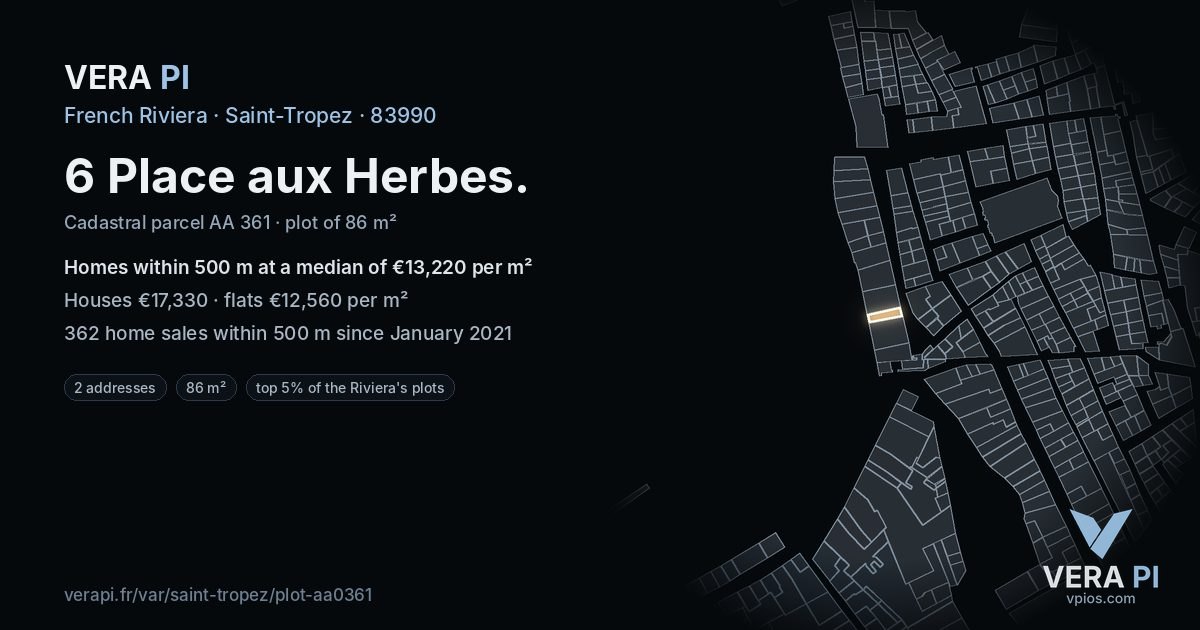 6 Place aux Herbes, Saint-Tropez at night – the plot lit, the parcels around coloured by the prices near them