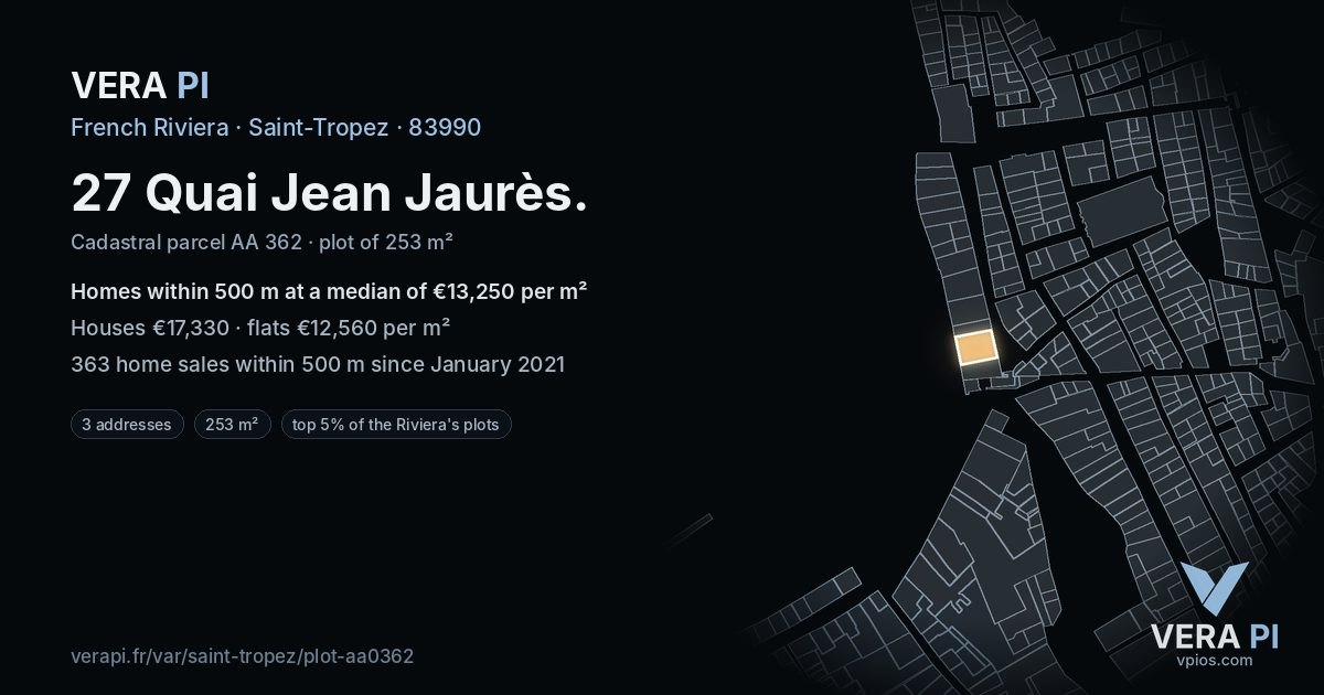 27 Quai Jean Jaurès, Saint-Tropez at night – the plot lit, the parcels around coloured by the prices near them