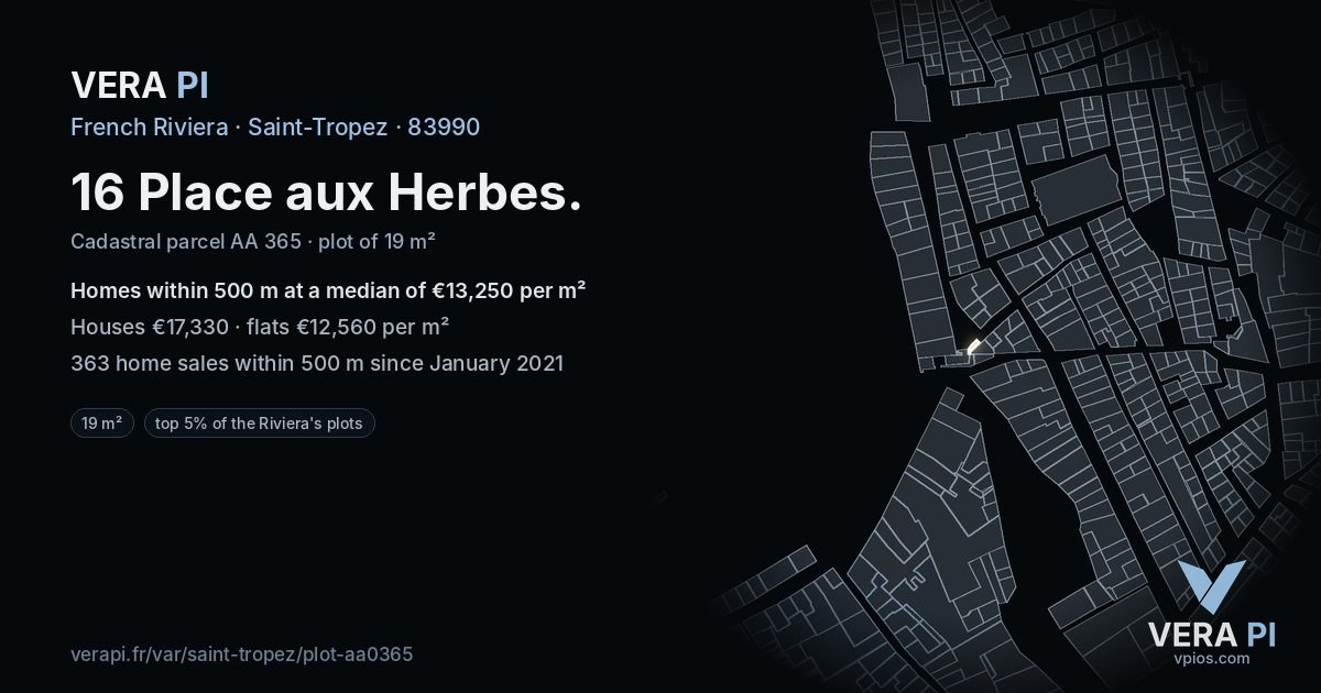 16 Place aux Herbes, Saint-Tropez at night – the plot lit, the parcels around coloured by the prices near them