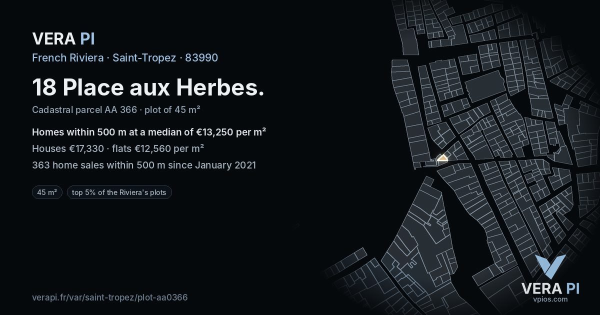 18 Place aux Herbes, Saint-Tropez at night – the plot lit, the parcels around coloured by the prices near them