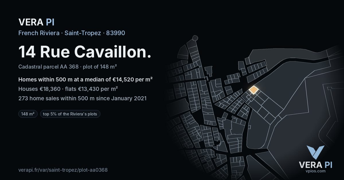 14 Rue Cavaillon, Saint-Tropez at night – the plot lit, the parcels around coloured by the prices near them