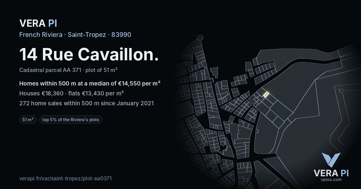 14 Rue Cavaillon, Saint-Tropez at night – the plot lit, the parcels around coloured by the prices near them