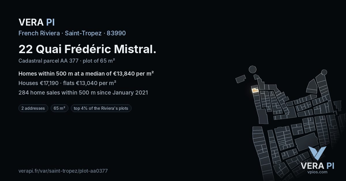 22 Quai Frédéric Mistral, Saint-Tropez at night – the plot lit, the parcels around coloured by the prices near them