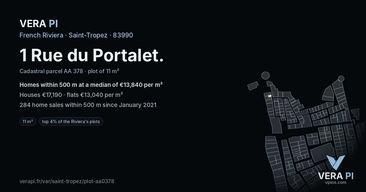 1 Rue du Portalet, Saint-Tropez at night – the plot lit, the parcels around coloured by the prices near them