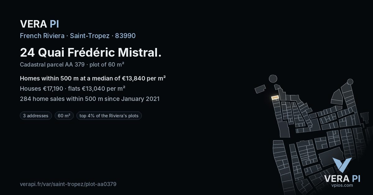 24 Quai Frédéric Mistral, Saint-Tropez at night – the plot lit, the parcels around coloured by the prices near them