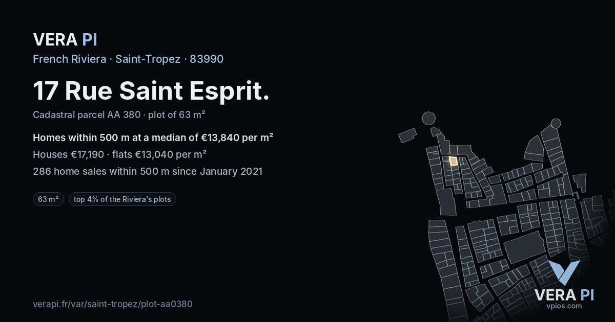 17 Rue Saint Esprit, Saint-Tropez at night – the plot lit, the parcels around coloured by the prices near them