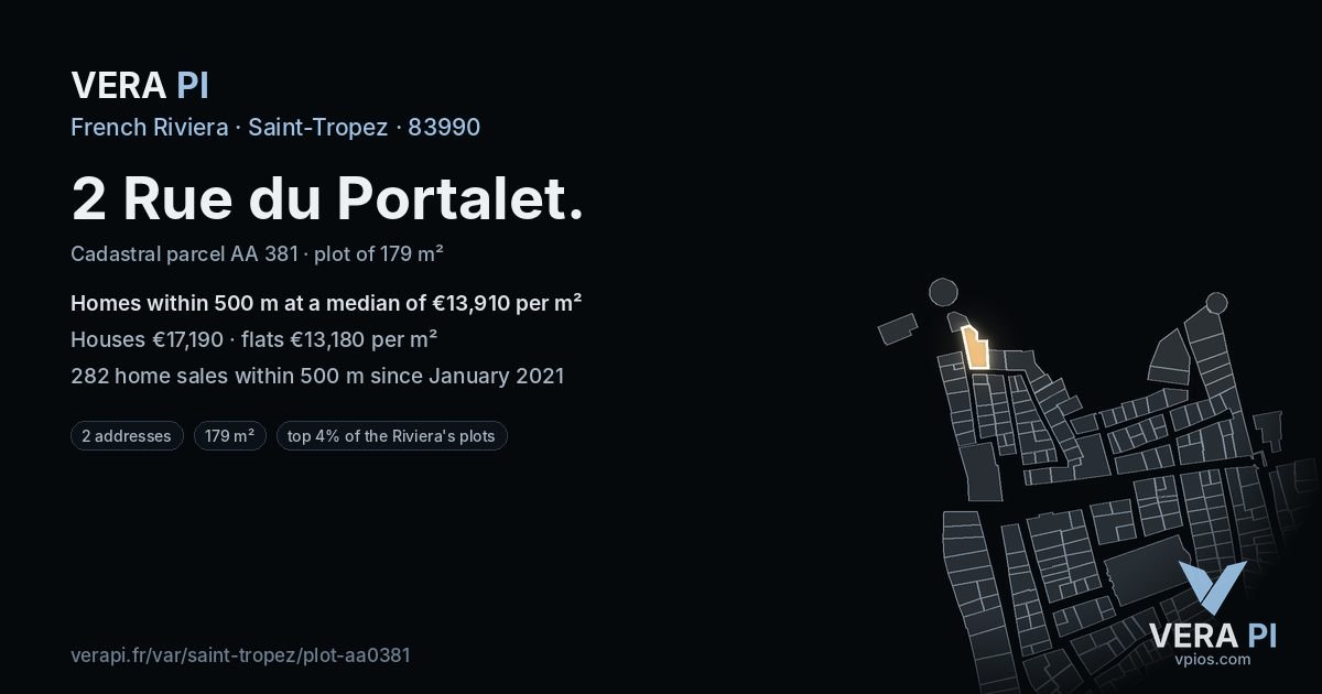 2 Rue du Portalet, Saint-Tropez at night – the plot lit, the parcels around coloured by the prices near them
