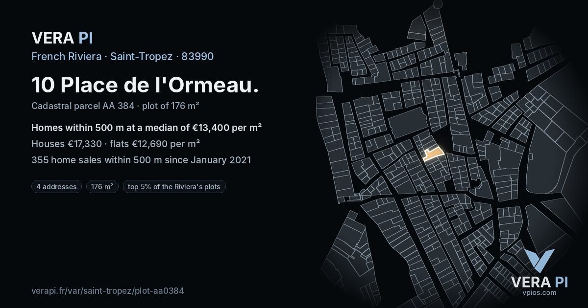 10 Place de l'Ormeau, Saint-Tropez at night – the plot lit, the parcels around coloured by the prices near them