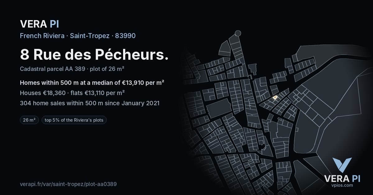 8 Rue des Pécheurs, Saint-Tropez at night – the plot lit, the parcels around coloured by the prices near them