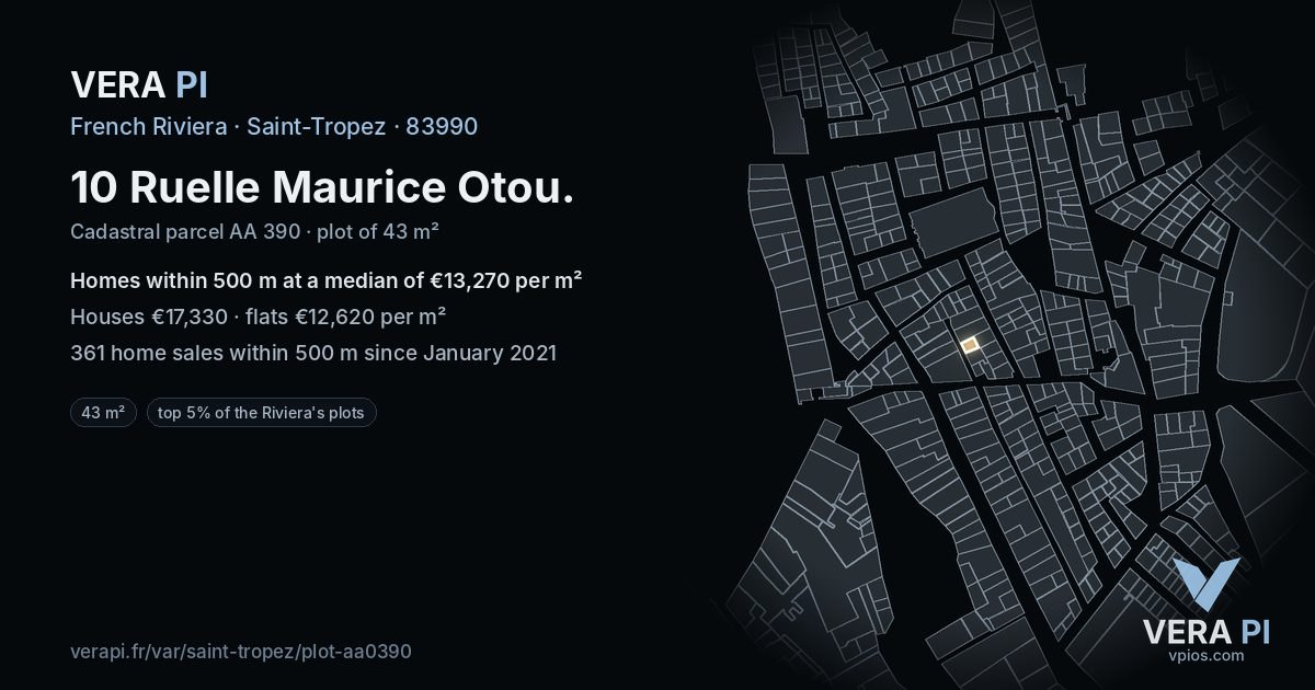 10 Ruelle Maurice Otou, Saint-Tropez at night – the plot lit, the parcels around coloured by the prices near them