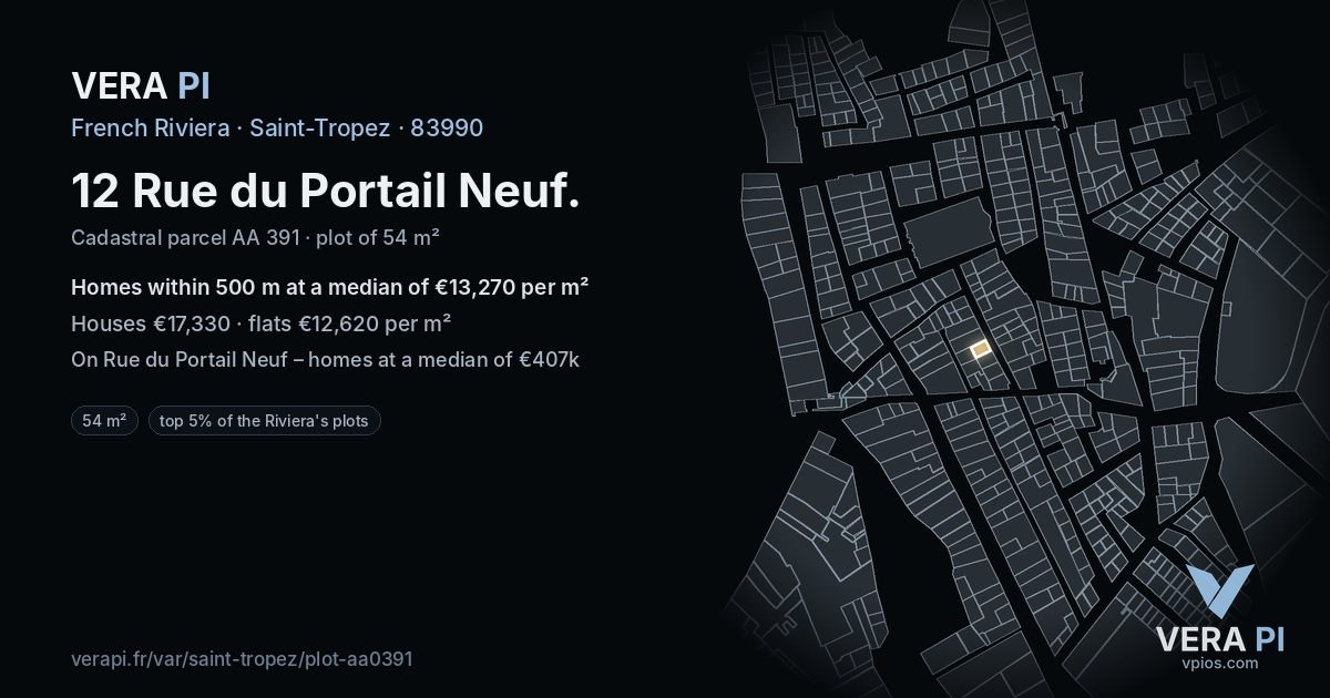 12 Rue du Portail Neuf, Saint-Tropez at night – the plot lit, the parcels around coloured by the prices near them