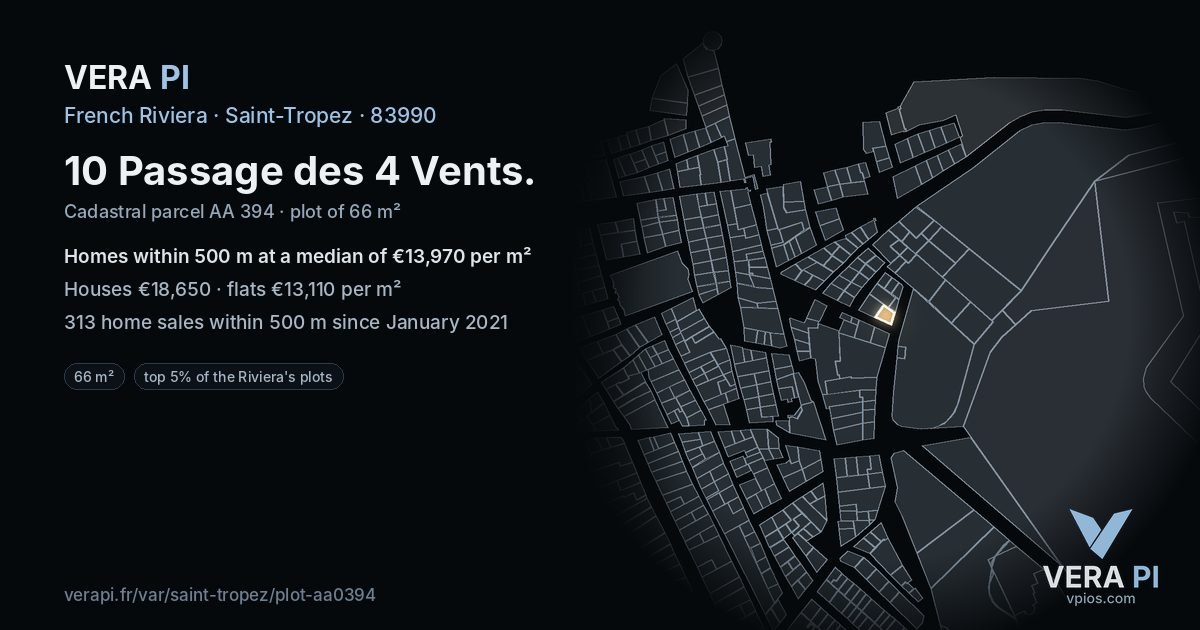 10 Passage des 4 Vents, Saint-Tropez at night – the plot lit, the parcels around coloured by the prices near them