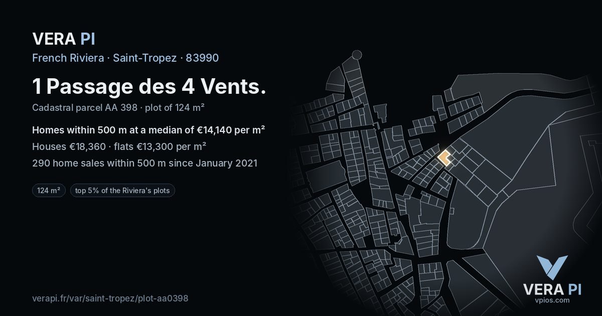 1 Passage des 4 Vents, Saint-Tropez at night – the plot lit, the parcels around coloured by the prices near them