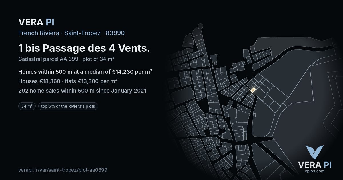 1 bis Passage des 4 Vents, Saint-Tropez at night – the plot lit, the parcels around coloured by the prices near them