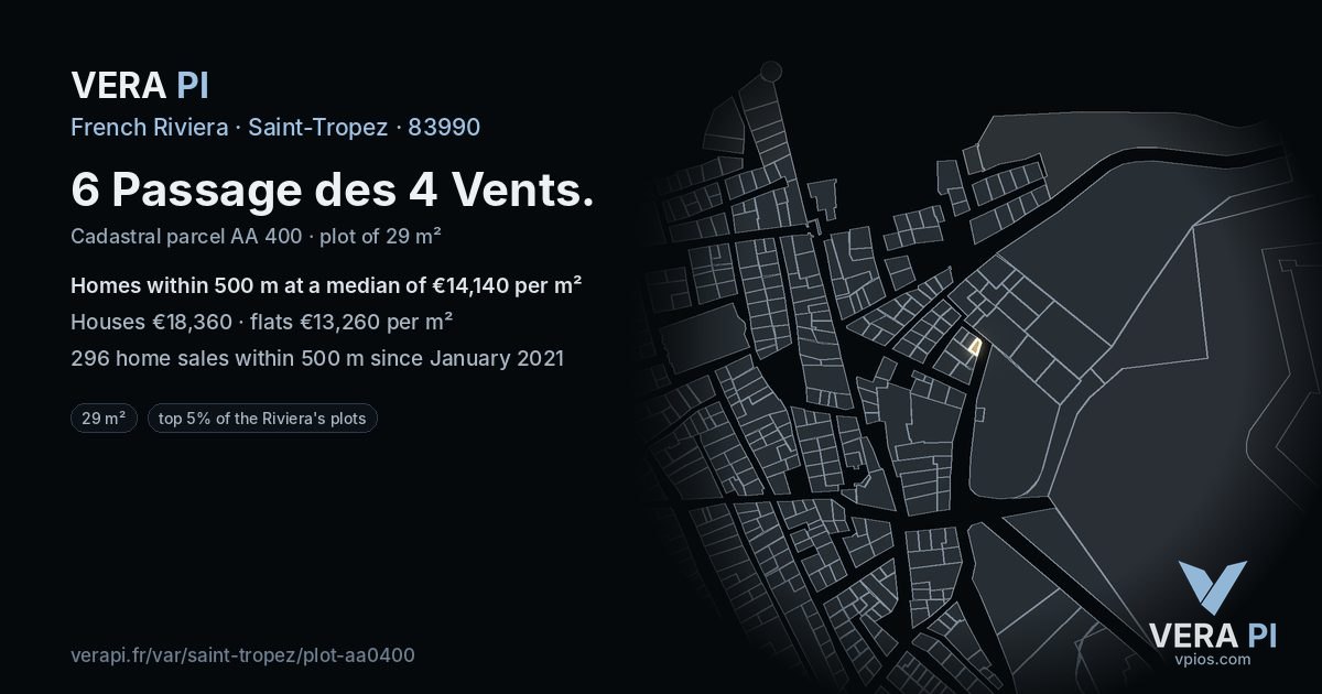 6 Passage des 4 Vents, Saint-Tropez at night – the plot lit, the parcels around coloured by the prices near them