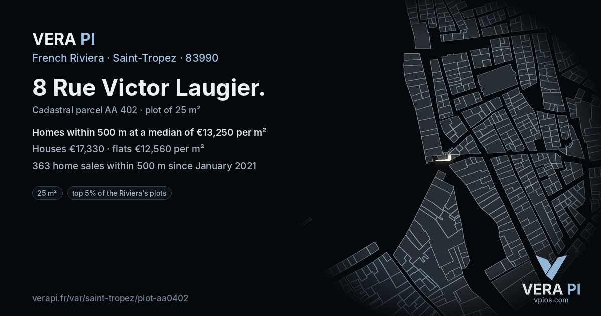 8 Rue Victor Laugier, Saint-Tropez at night – the plot lit, the parcels around coloured by the prices near them