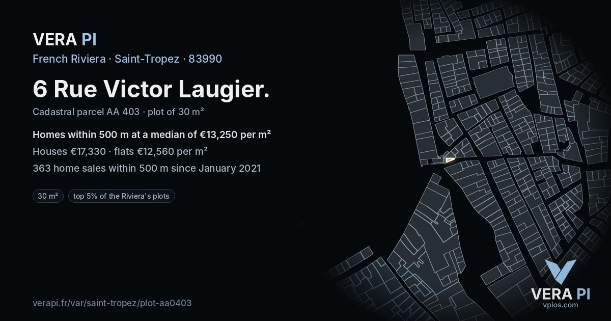 6 Rue Victor Laugier, Saint-Tropez at night – the plot lit, the parcels around coloured by the prices near them