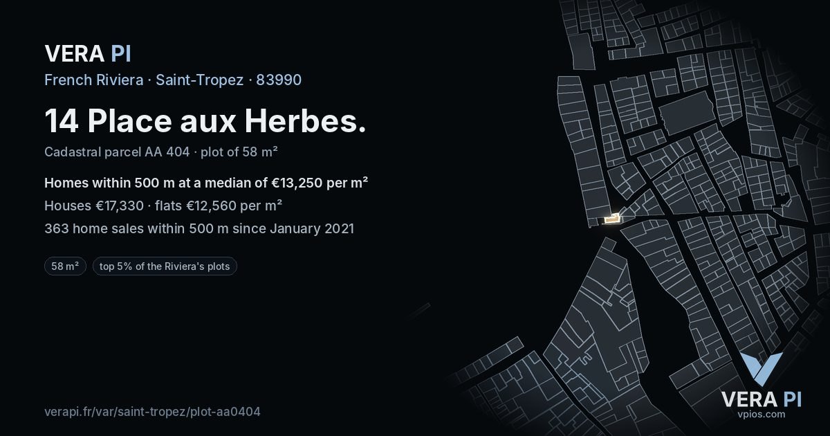 14 Place aux Herbes, Saint-Tropez at night – the plot lit, the parcels around coloured by the prices near them
