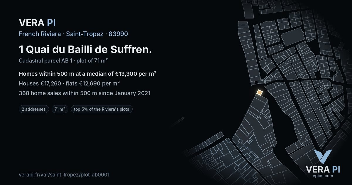 1 Quai du Bailli de Suffren, Saint-Tropez at night – the plot lit, the parcels around coloured by the prices near them