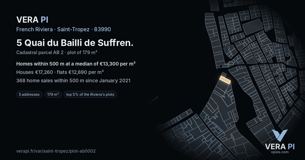 5 Quai du Bailli de Suffren, Saint-Tropez at night – the plot lit, the parcels around coloured by the prices near them