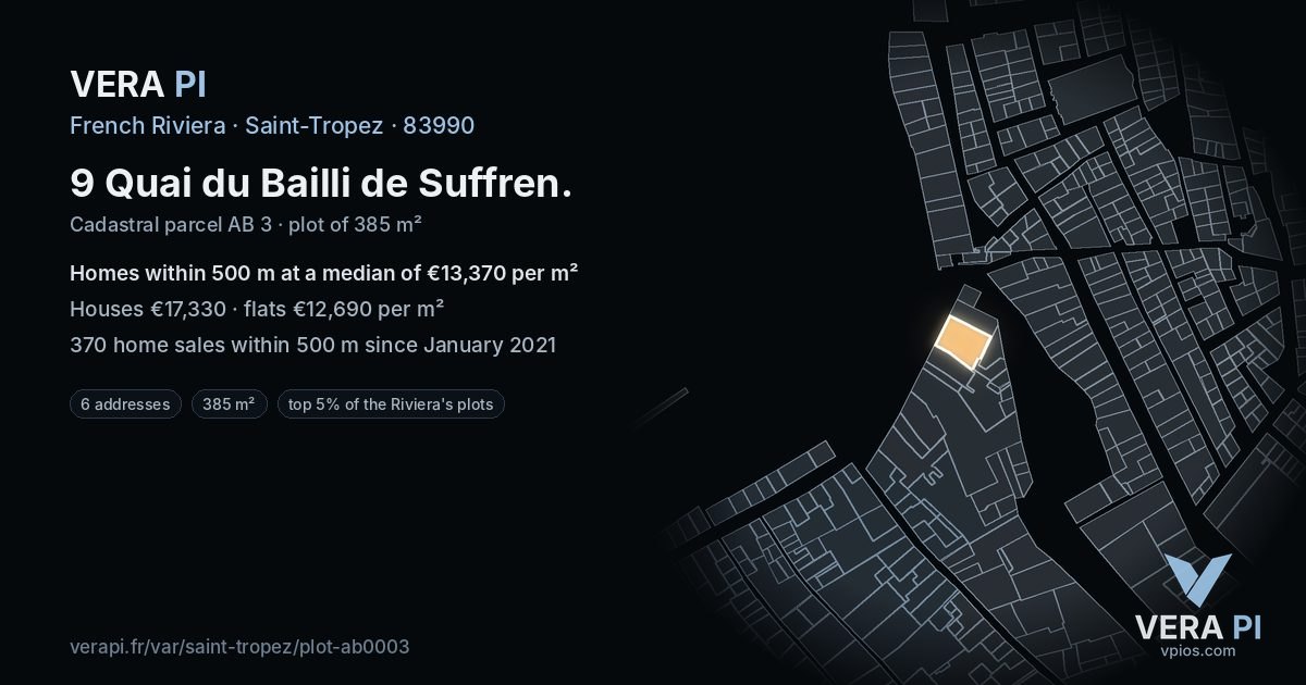 9 Quai du Bailli de Suffren, Saint-Tropez at night – the plot lit, the parcels around coloured by the prices near them