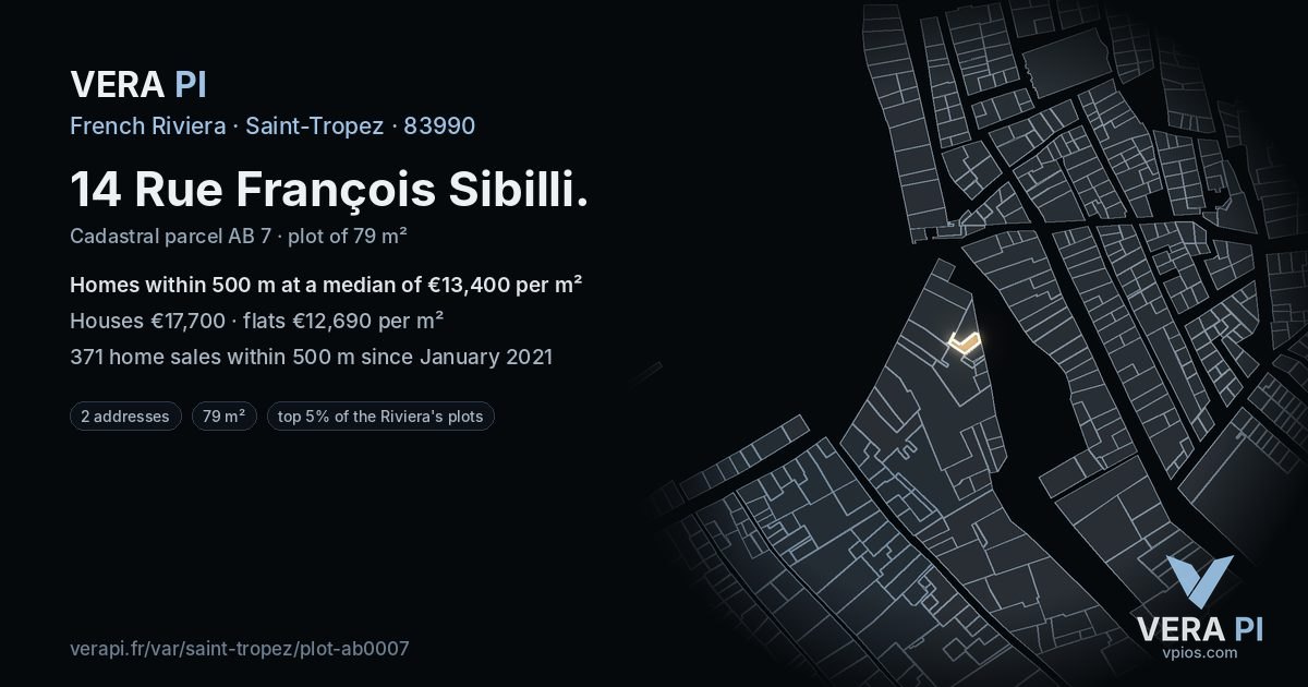 14 Rue François Sibilli, Saint-Tropez at night – the plot lit, the parcels around coloured by the prices near them
