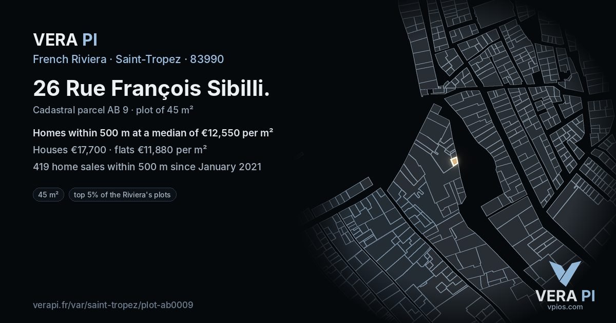 26 Rue François Sibilli, Saint-Tropez at night – the plot lit, the parcels around coloured by the prices near them